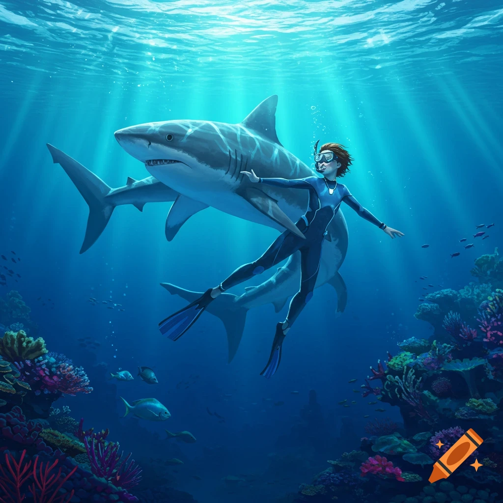 A person in a wetsuit, snorkel mask, and flippers swims with sharks over a colorful coral reef in clear blue ocean water.