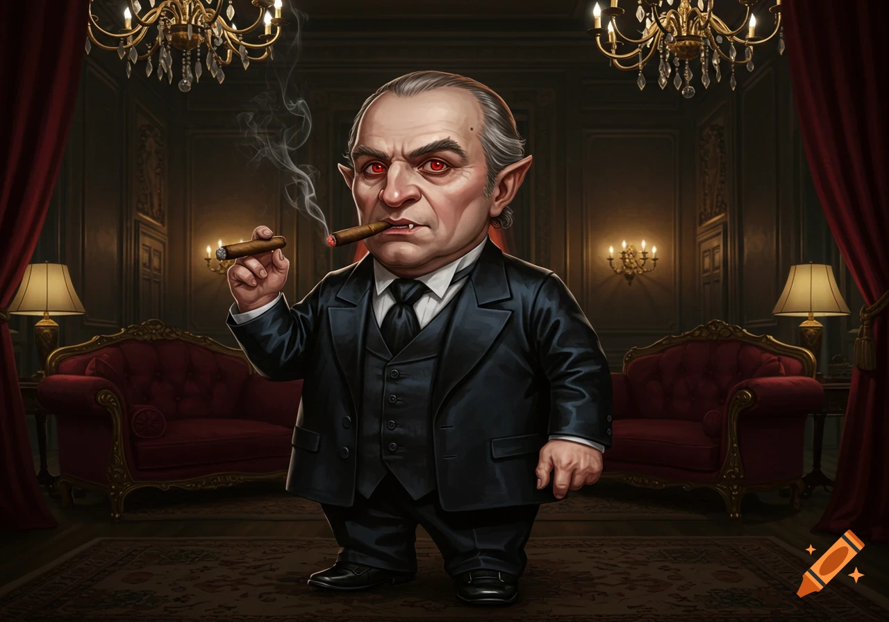 A short, fat, old cartoon vampire man with red eyes, pointed ears, and graying hair, smoking a cigar in an ornate room.