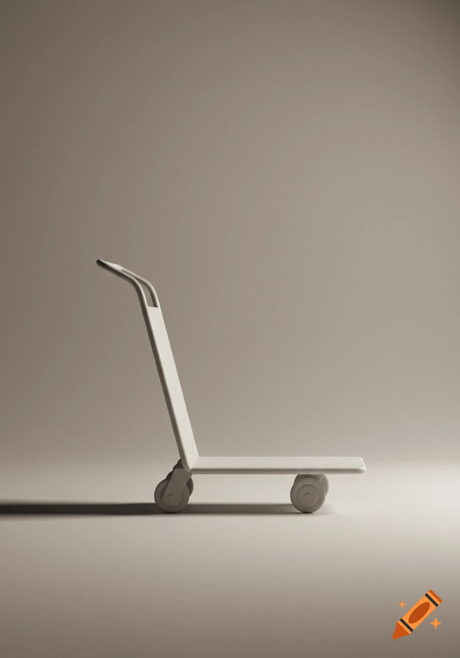 A white, minimalist hand trolley stands on a light grey surface in a studio setting.