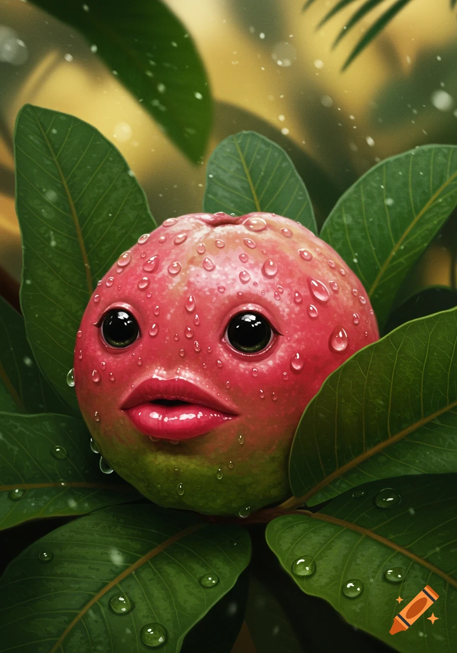 A pink and green guava fruit with large black eyes and wet red lips peeking from green leaves, covered in dewdrops.