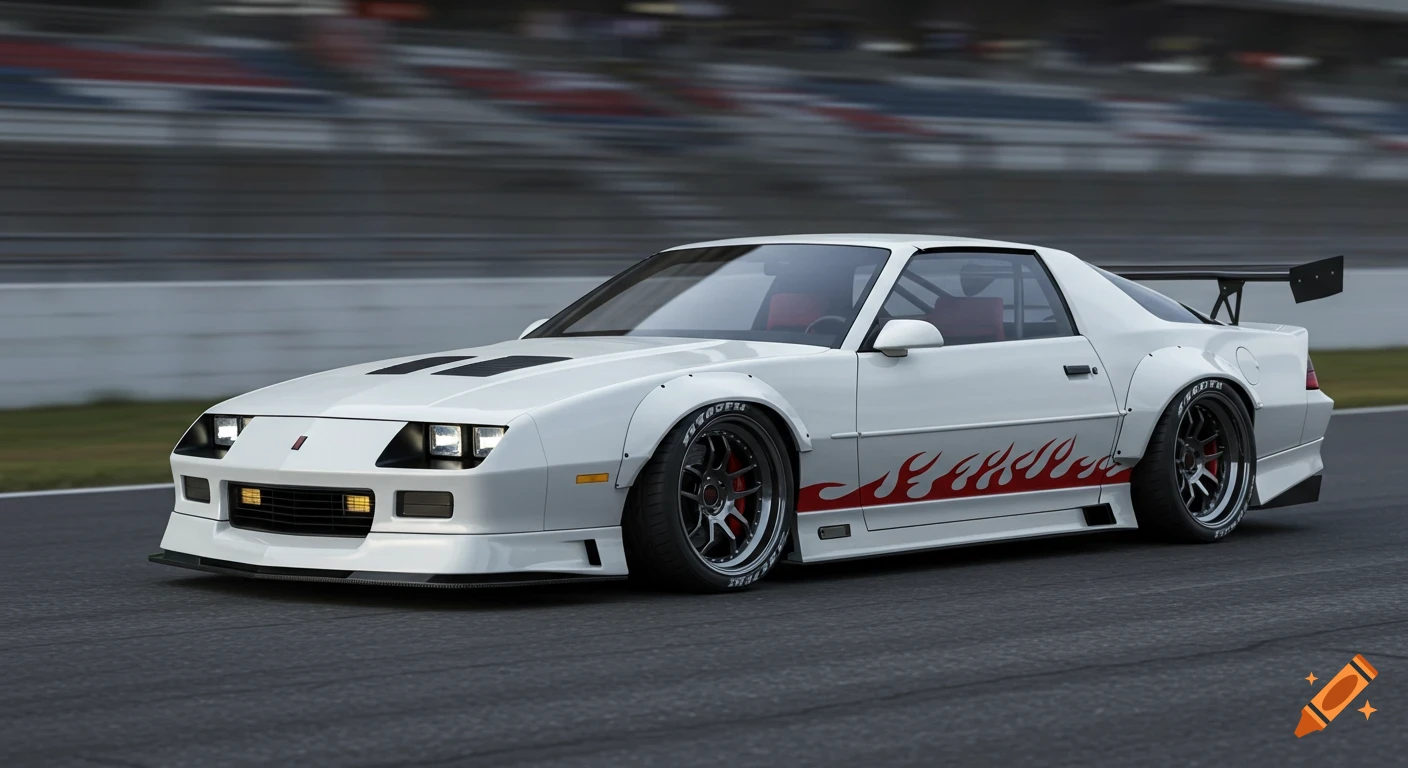 A white 1987 Camaro IROC-Z widebody race car with red flame decals and a large spoiler, on a track.