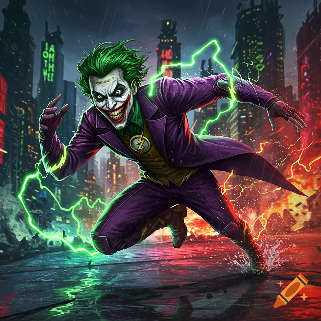 A stylized Joker-Flash hybrid running through a rainy, neon-lit city at night, surrounded by green and red lightning.