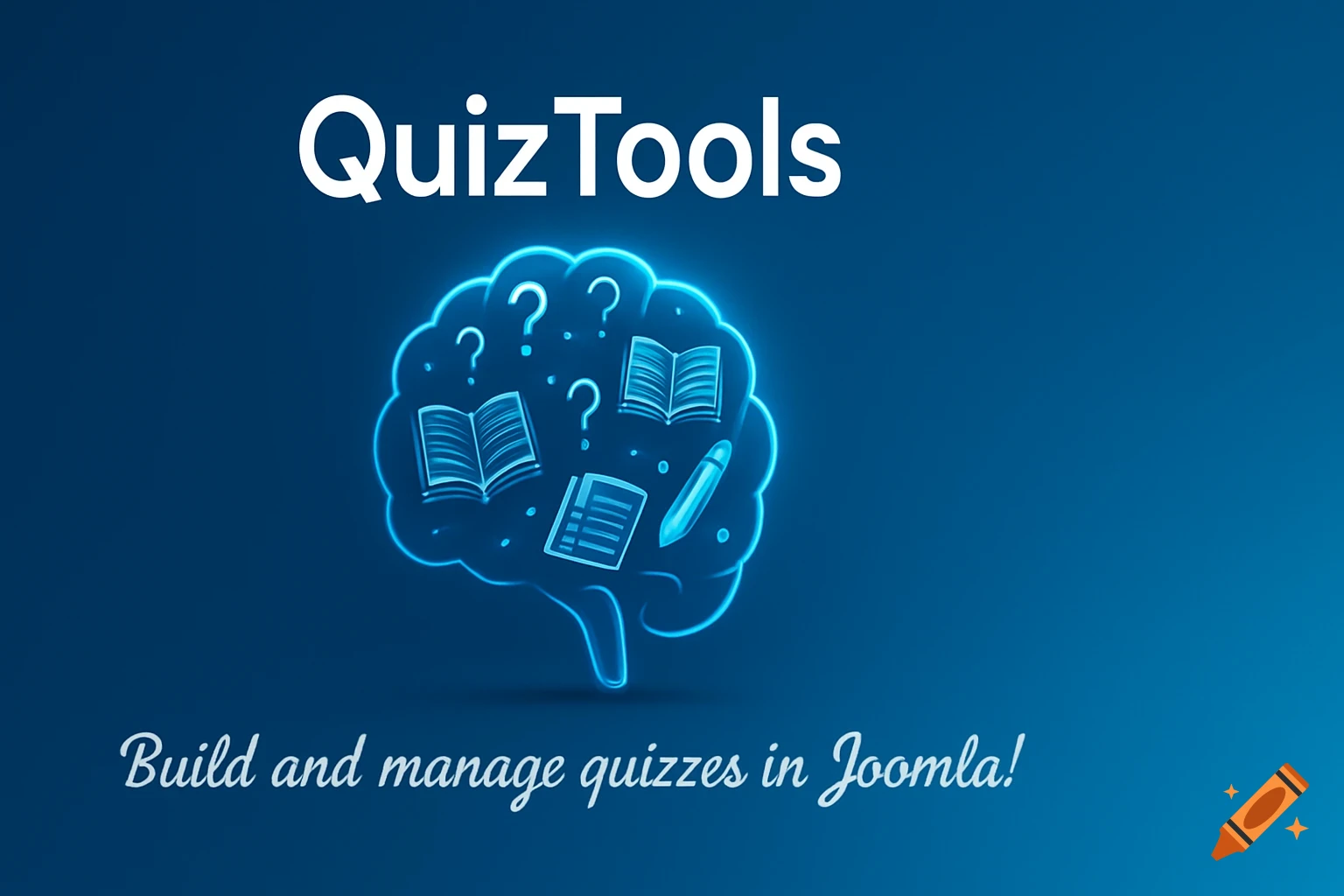 A blue banner for 'QuizTools' with a glowing brain icon containing books, question marks, pen, and document, and text 'Build and manage quizzes in Joomla!'.