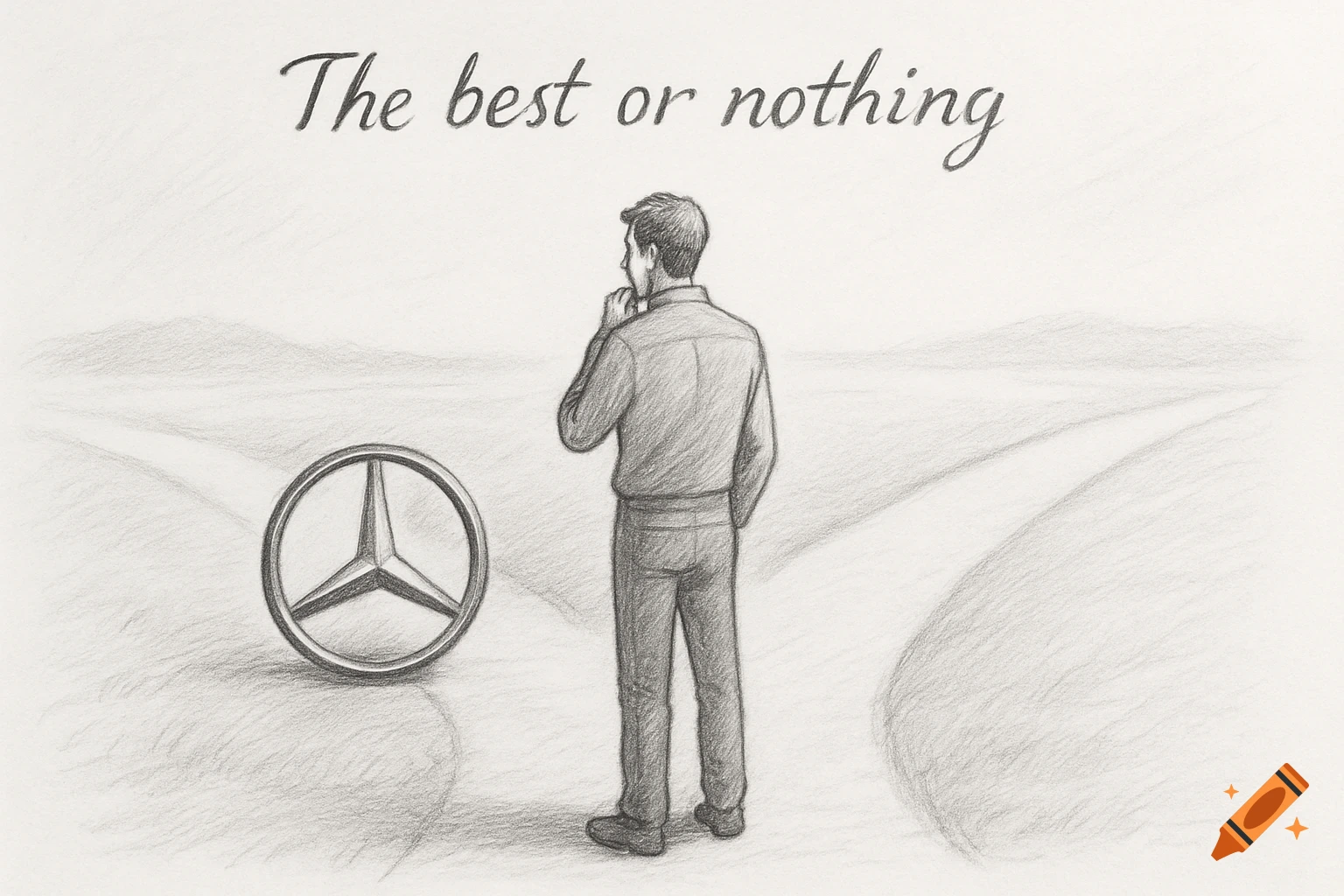 Pencil drawing of a man facing two diverging paths, one with a Mercedes logo, under the text "The best or nothing".