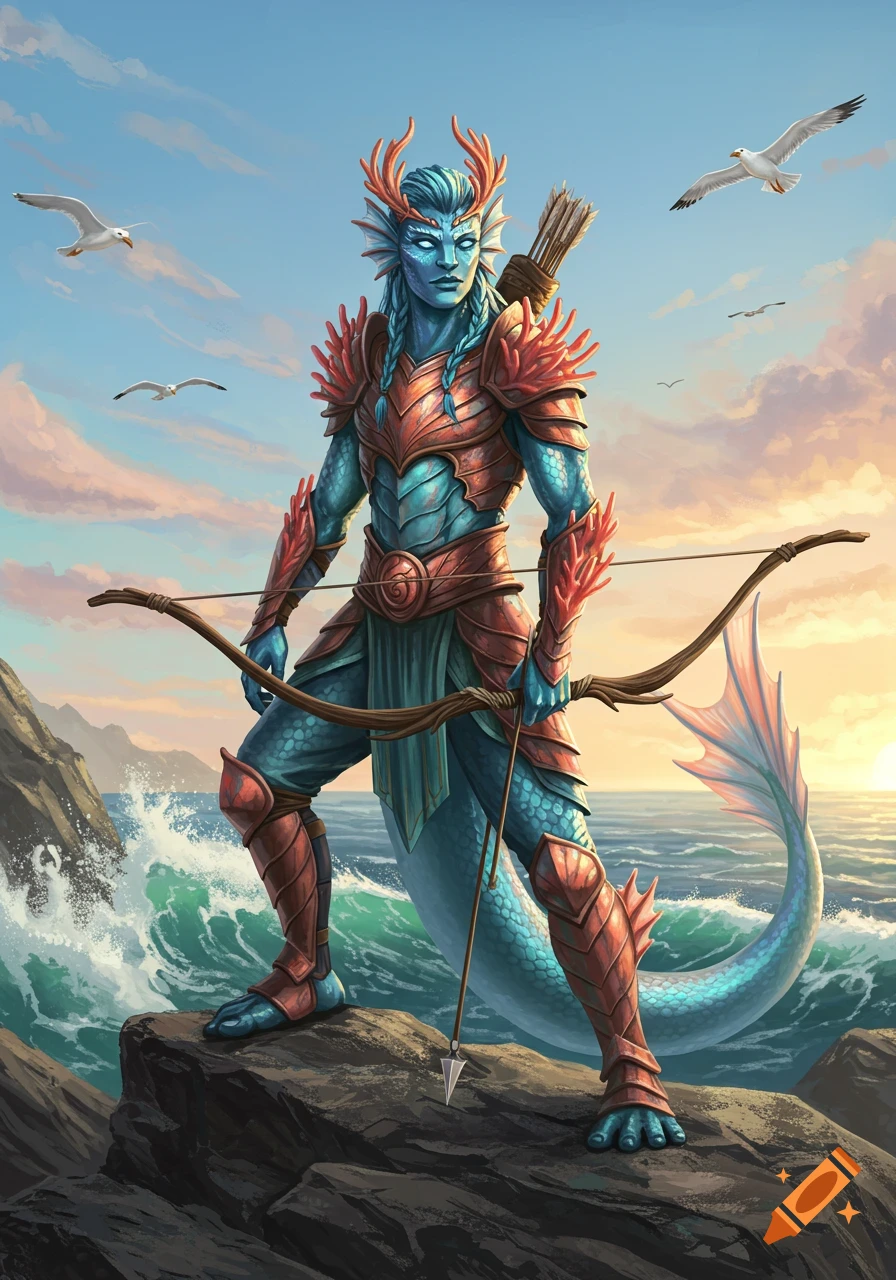 A blue-skinned Triton ranger in red armor stands on a rocky coast at sunset, holding a bow, with gulls flying overhead.
