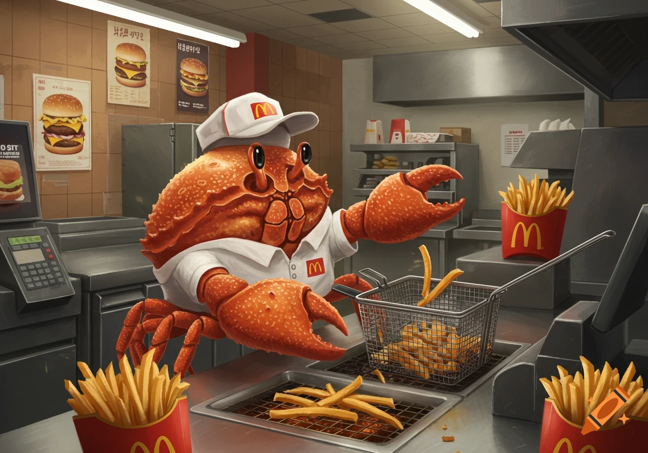 A cartoon crab wearing a McDonald's uniform and cap, working in a fast-food kitchen, holding a fry basket.