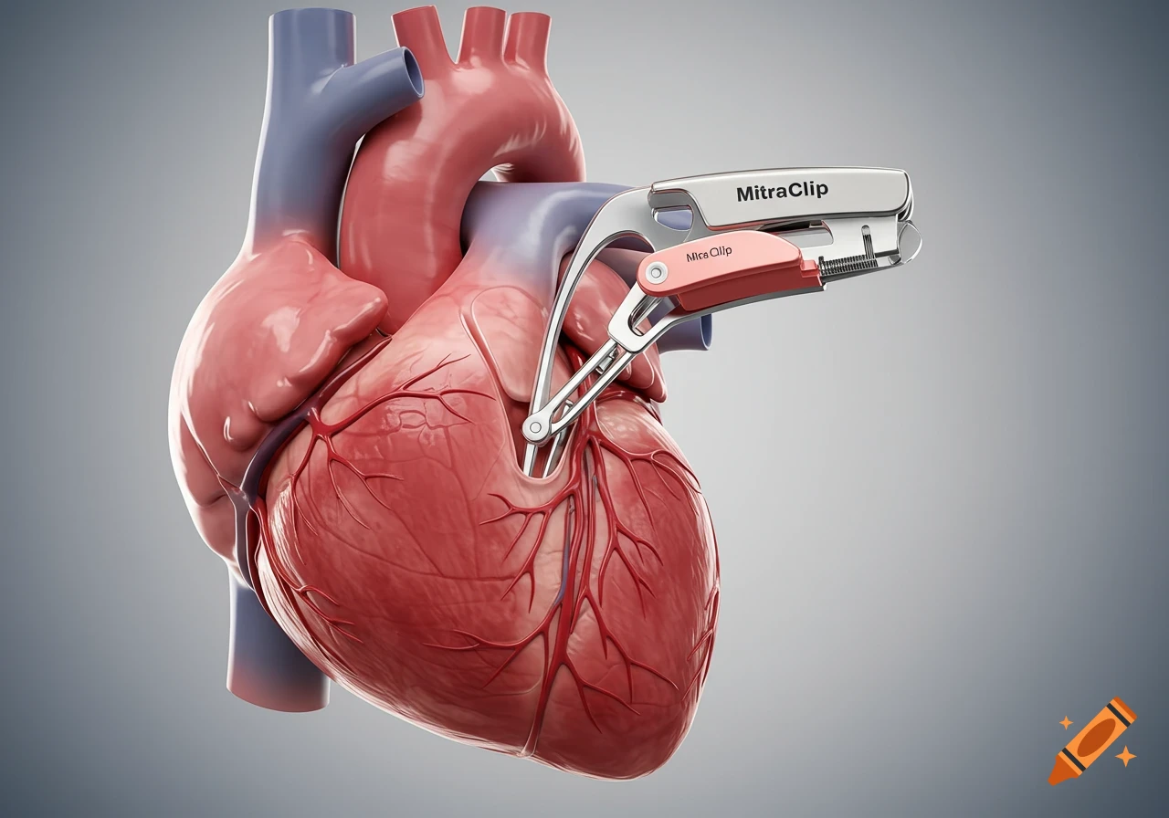 A detailed 3D rendering of a human heart with a MitraClip device attached, showing its position on the mitral valve.