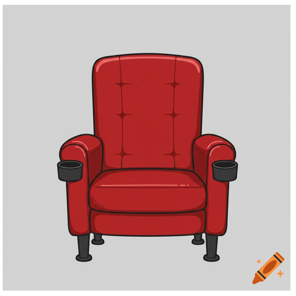 A cartoon-style illustration of a red cinema chair with two black cup holders.