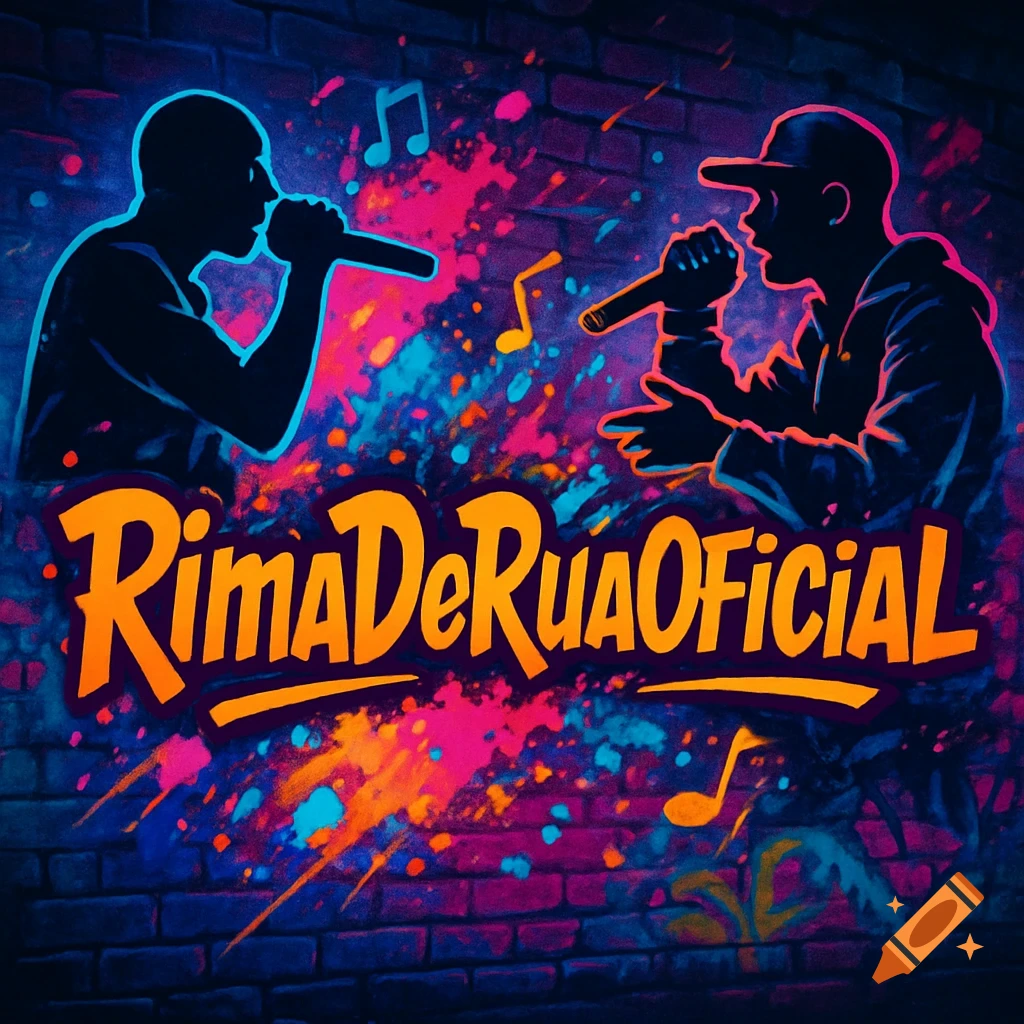Neon graphic of two silhouetted rappers on a brick wall with colorful paint splatters and 'RimaDeRuaOficial' text.