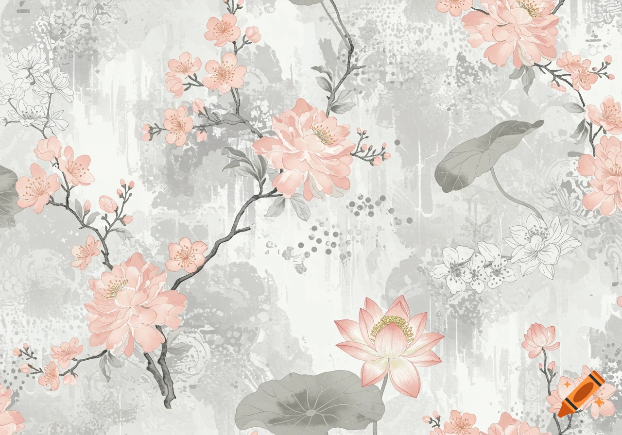Pink cherry blossoms, peonies, and lotus flowers with gray leaves on a textured gray and white background in an Asian art wallpaper pattern.