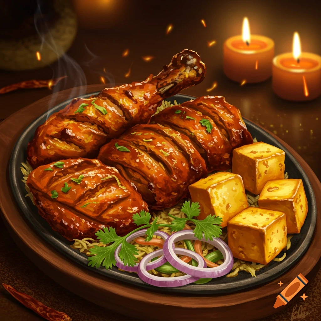 A close-up, warm-toned digital painting of tandoori chicken, paneer, rice, and onions on a platter with candles in the background.