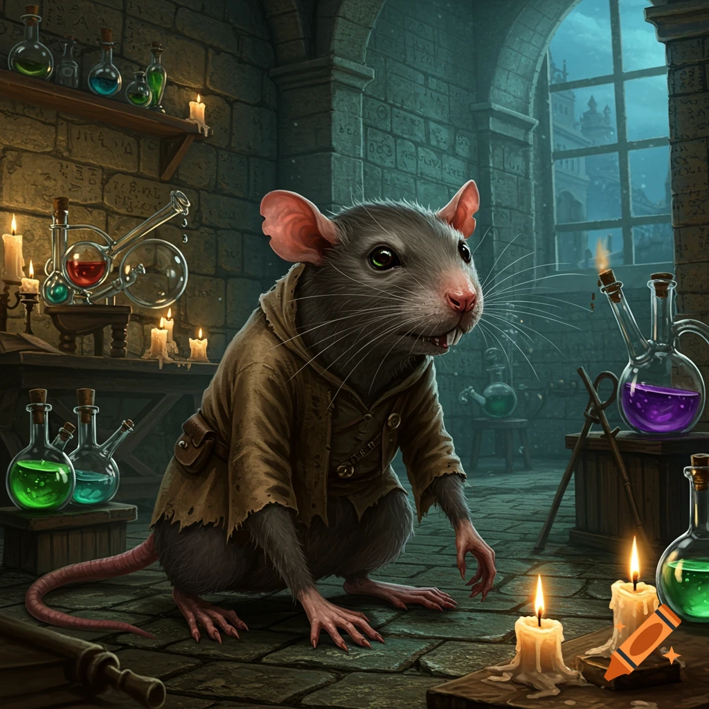 An anthropomorphic rat in a brown hooded cloak stands in a dimly lit alchemist's lab, surrounded by glowing potions and candles.