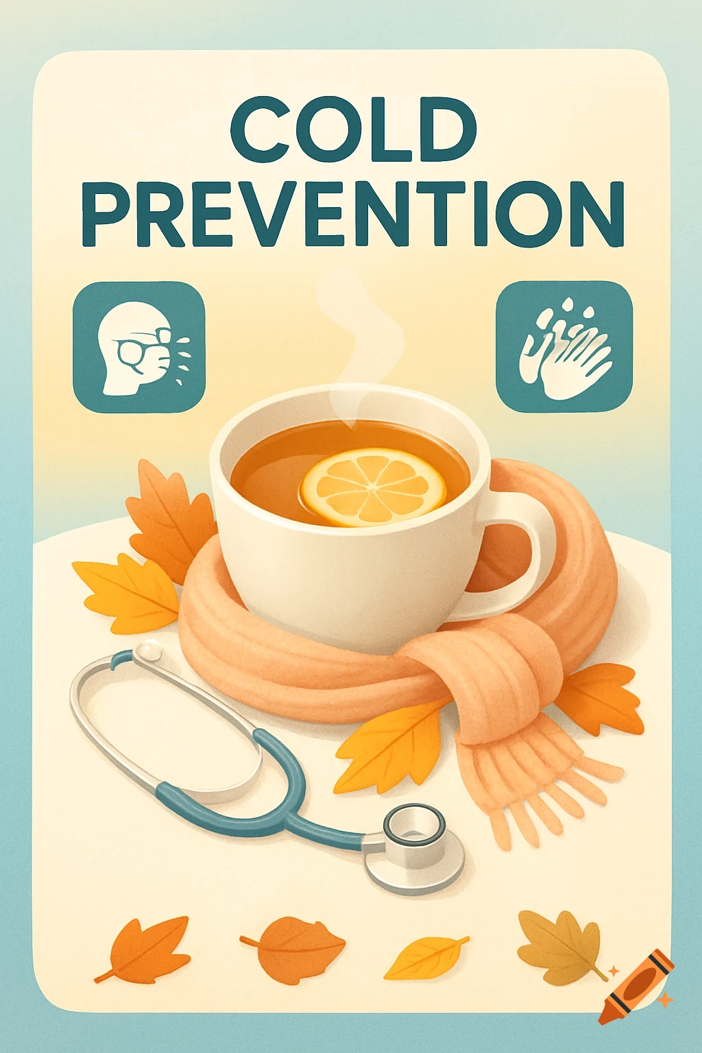 Illustrated cold prevention poster with 'COLD PREVENTION' text, a teacup, lemon, scarf, stethoscope, autumn leaves, and health icons.