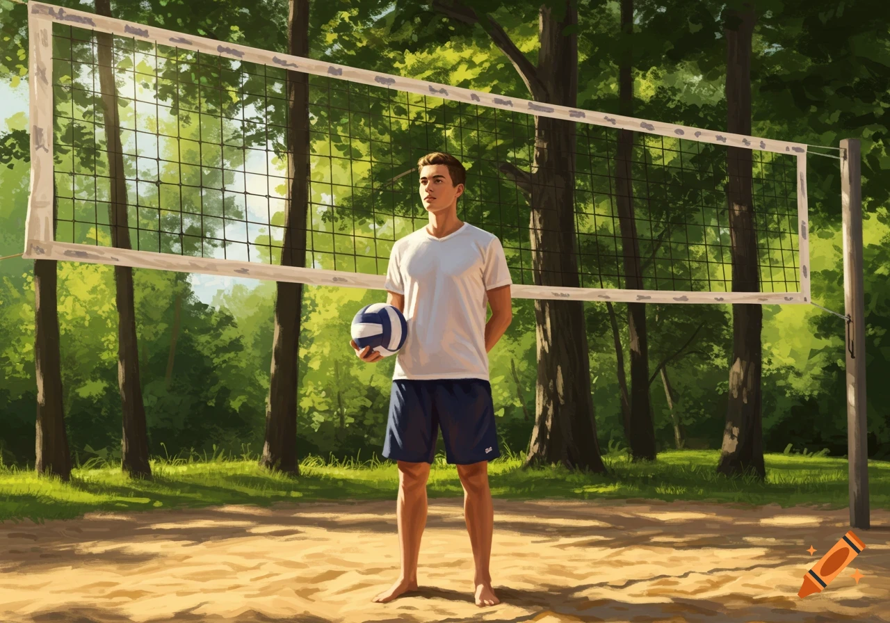 A young man holding a volleyball stands barefoot on a sandy court next to a net, surrounded by trees.