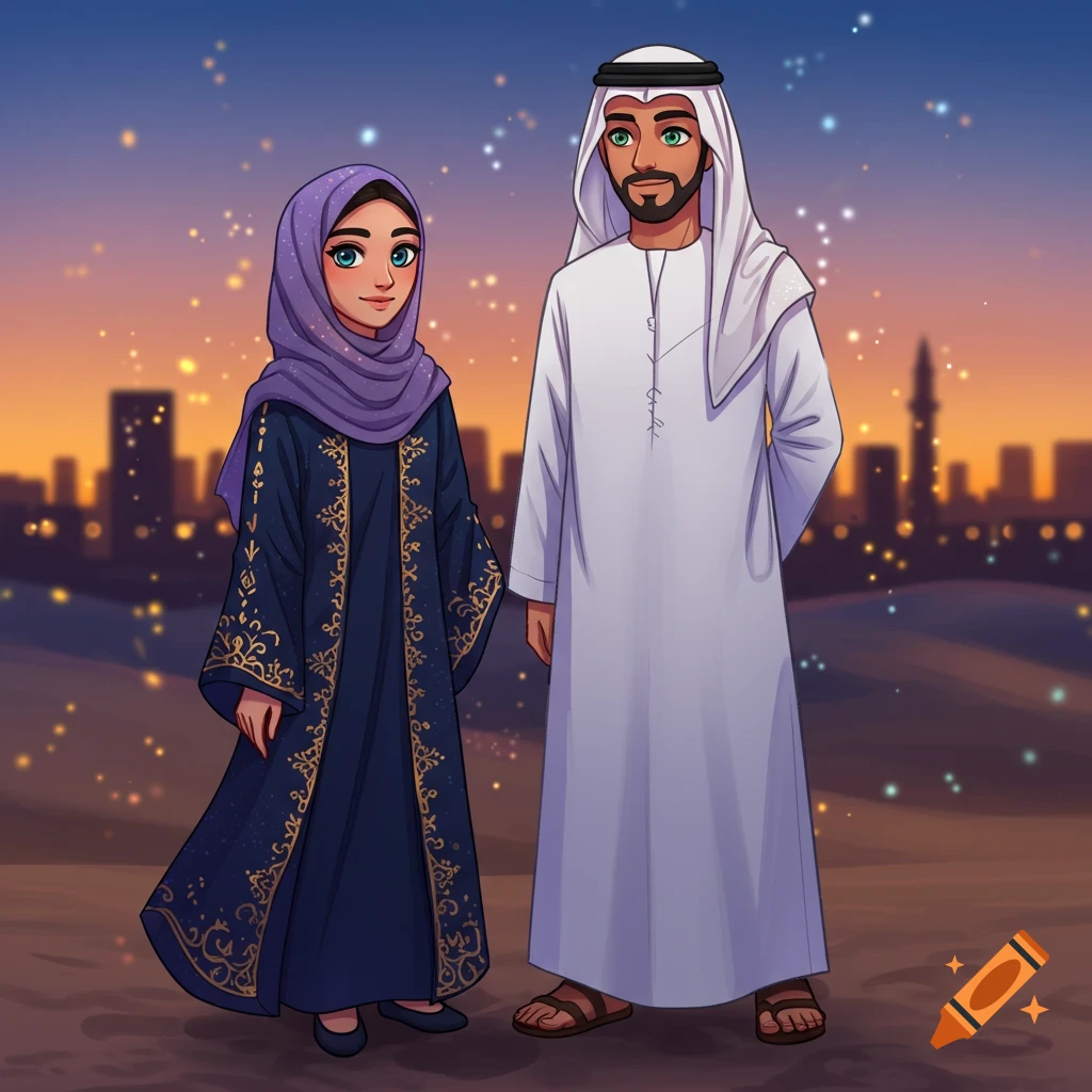 An animated Emirati man and woman in traditional attire stand against a desert cityscape at sunset.