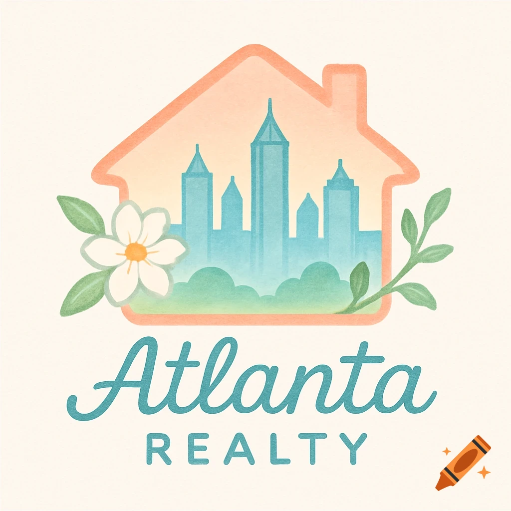Watercolor-style real estate logo with an orange house outline, blue city skyline, white flower, and green leaves, with text 'Atlanta REALTY'.