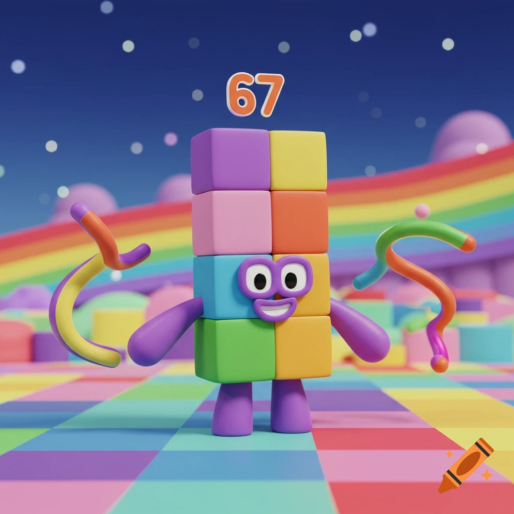 A 3D cartoon Numberblocks character made of colorful blocks with purple limbs and face, number 67 floating above, in a whimsical landscape.