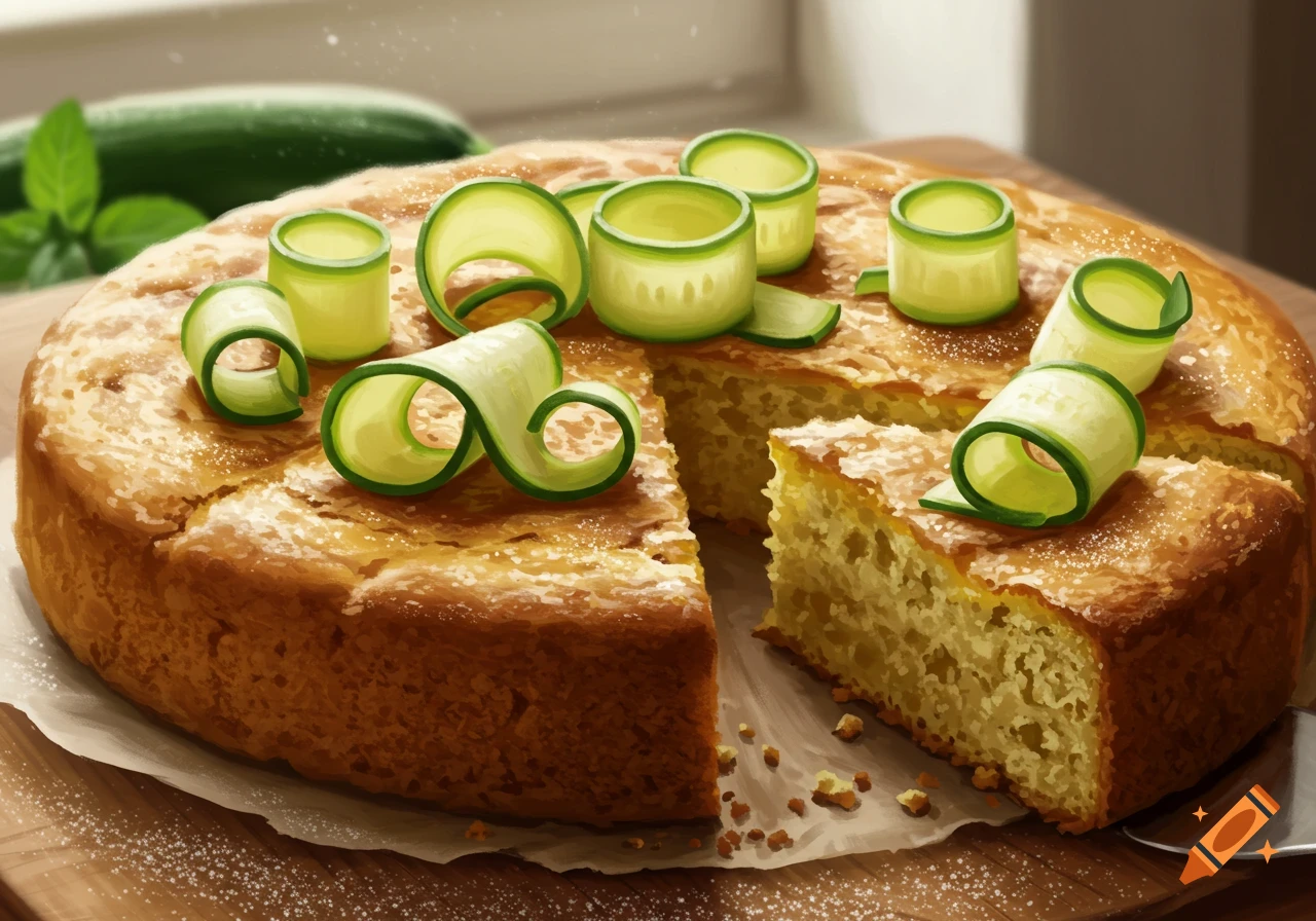 A freshly baked golden cake, partially sliced, topped with delicate green ribbons and powdered sugar on a wooden board.