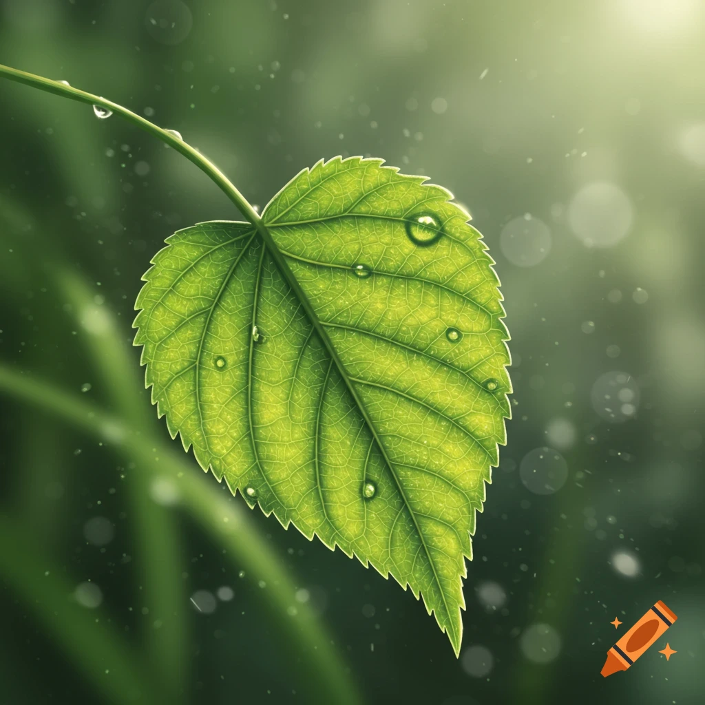 Close-up of a vibrant green leaf covered in shimmering water droplets, backlit by soft sunlight against a blurred natural background.