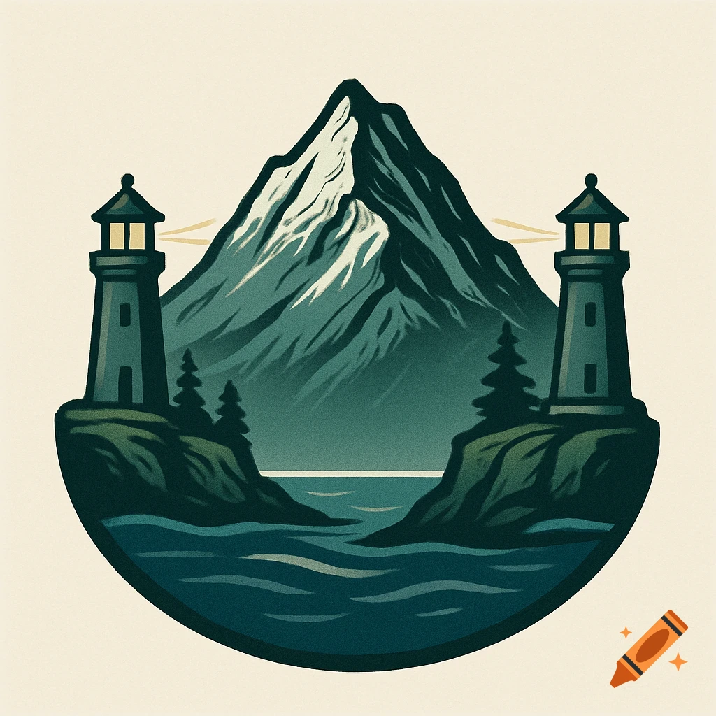 A stylized logo featuring a snow-capped mountain, two lighthouses on cliffs overlooking water, on a light background.