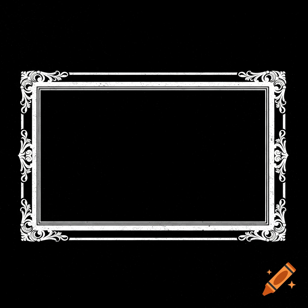 A minimalist white vintage ornate frame with decorated corners and a slightly worn texture on a black background.