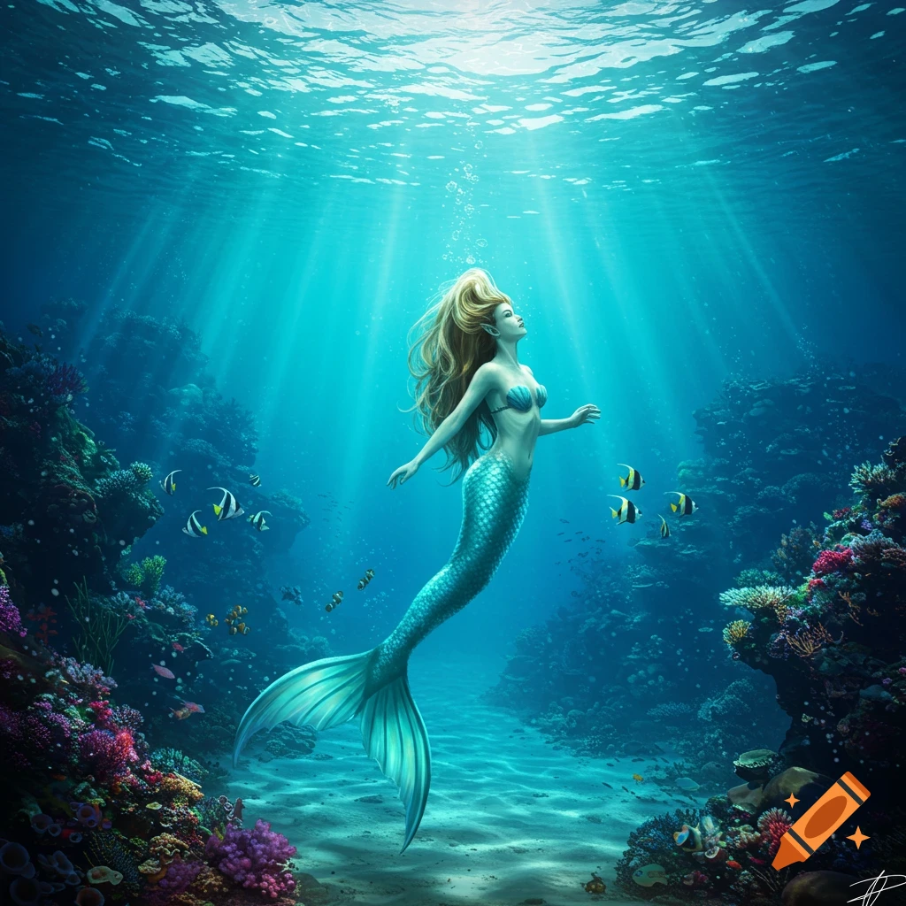 A beautiful mermaid with long blonde hair and a shimmering teal tail swims gracefully in a vibrant coral reef, with sunlight streaming through the clear blue water.