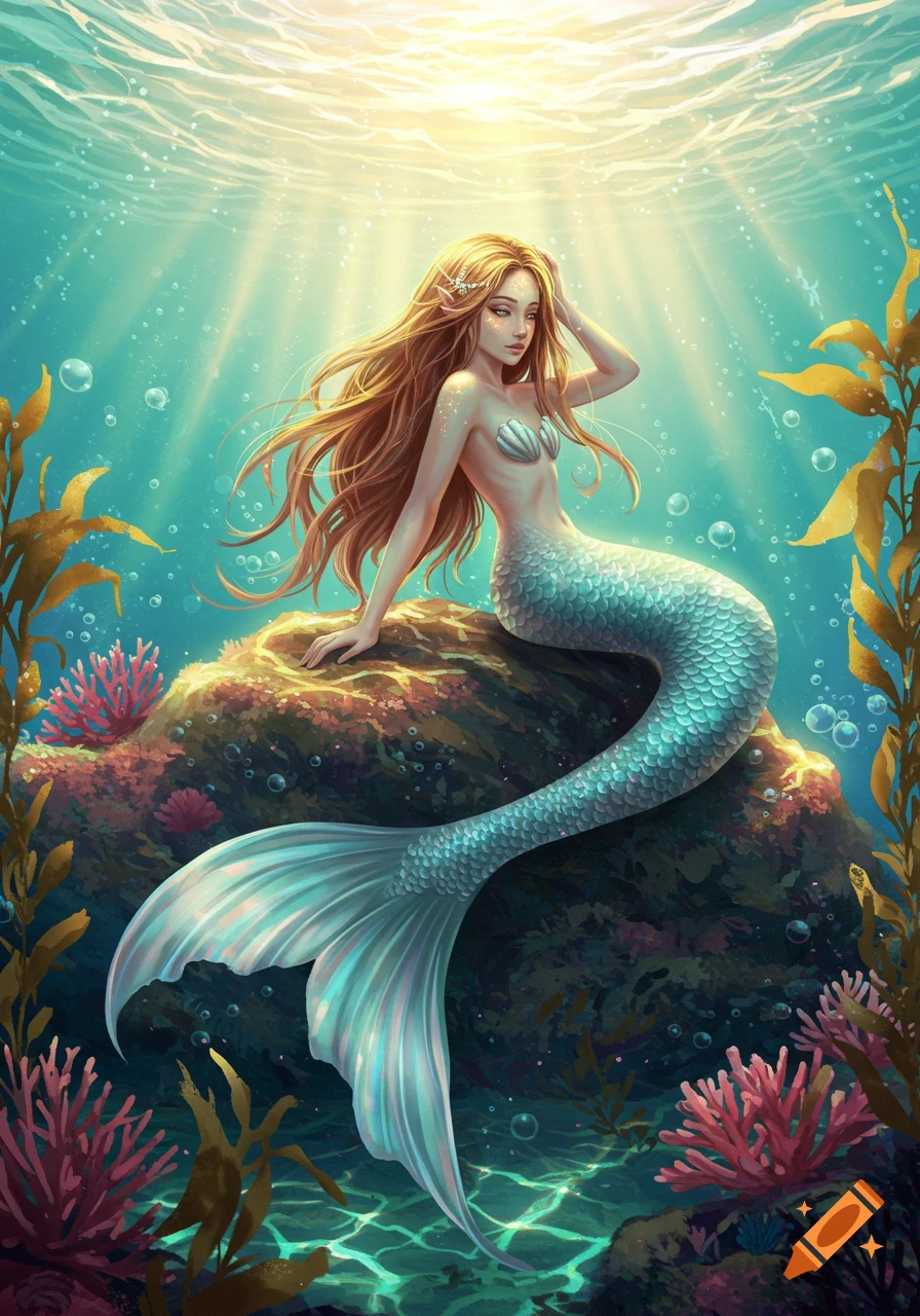 Fantasy illustration of a mermaid with long golden hair and a shimmering blue tail, sitting on a rock underwater with coral and sunlight.