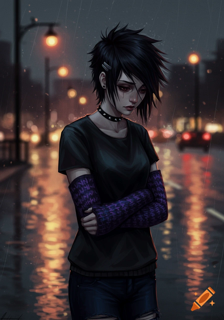 Digital illustration of a sad young goth woman with short spiky hair and arm warmers, standing in a rainy city street at night.