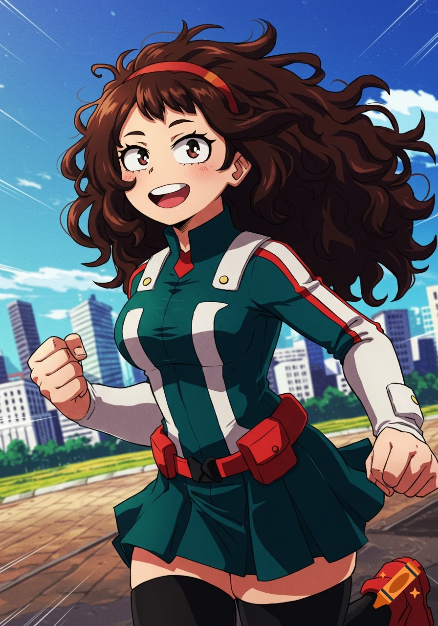 A smiling anime girl with curly brown hair and a headband, wearing a green, white, and red My Hero Academia uniform, running in a city.