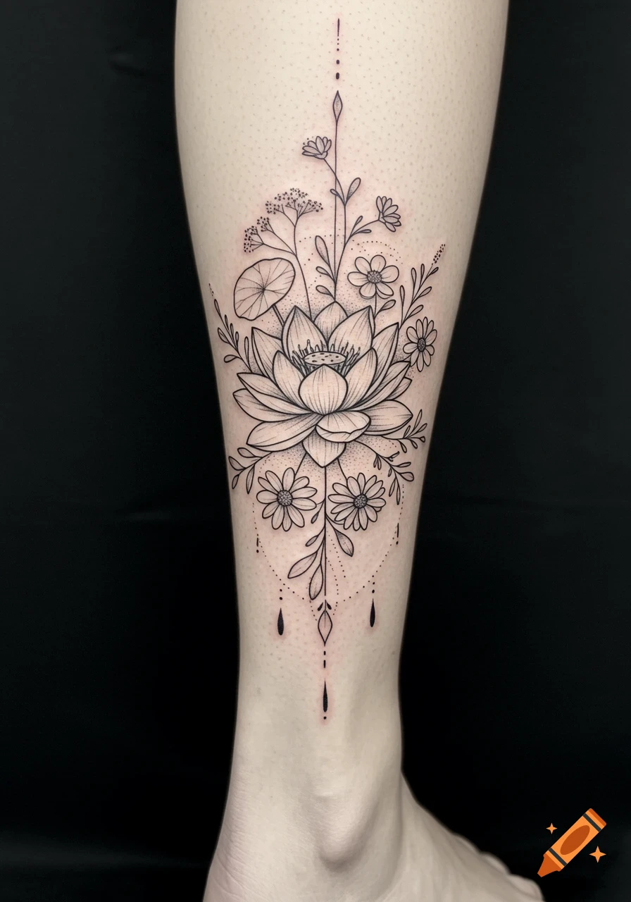 A black line art tattoo of a lotus flower, daisies, and other delicate flowers and leaves with geometric elements on a leg.