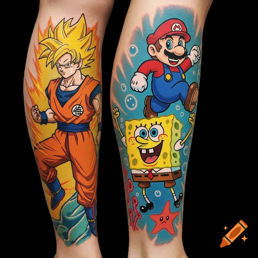 Vibrant leg tattoos featuring Goku from Dragon Ball, Mario, and Spongebob Squarepants.