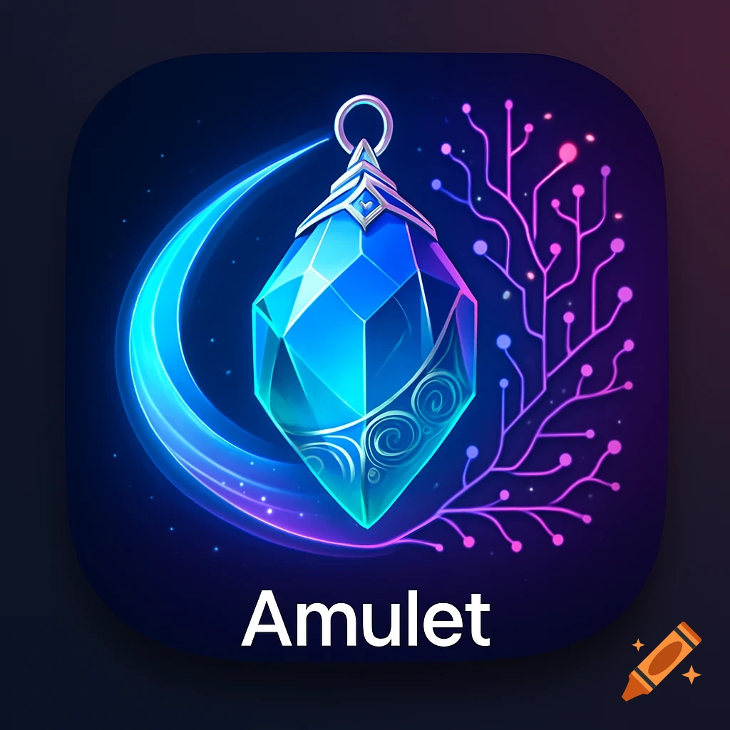 A glowing blue crystal amulet on a dark app icon with a luminous crescent, branching lines, and the text 'Amulet'.