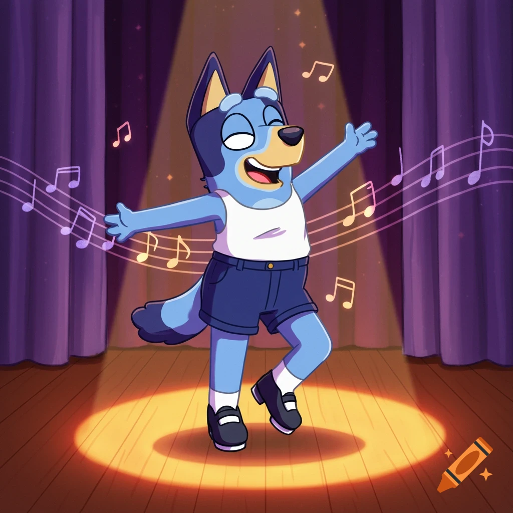 Bluey, a blue dog cartoon character, tap dances on a spotlighted stage with purple curtains, surrounded by musical notes.