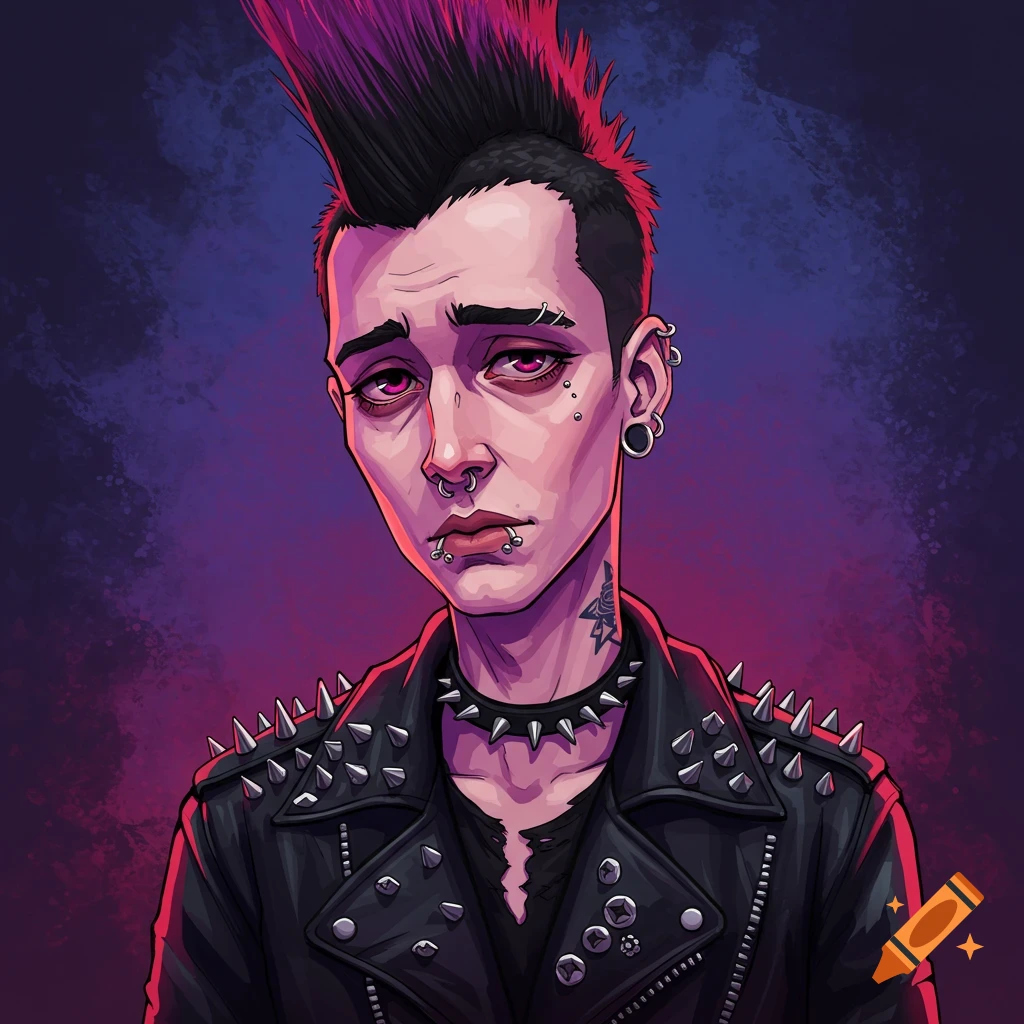 A 2D cartoon illustration of a young punk goth man with a mohawk, multiple piercings, a neck tattoo, and a spiked leather jacket, against a purple background.