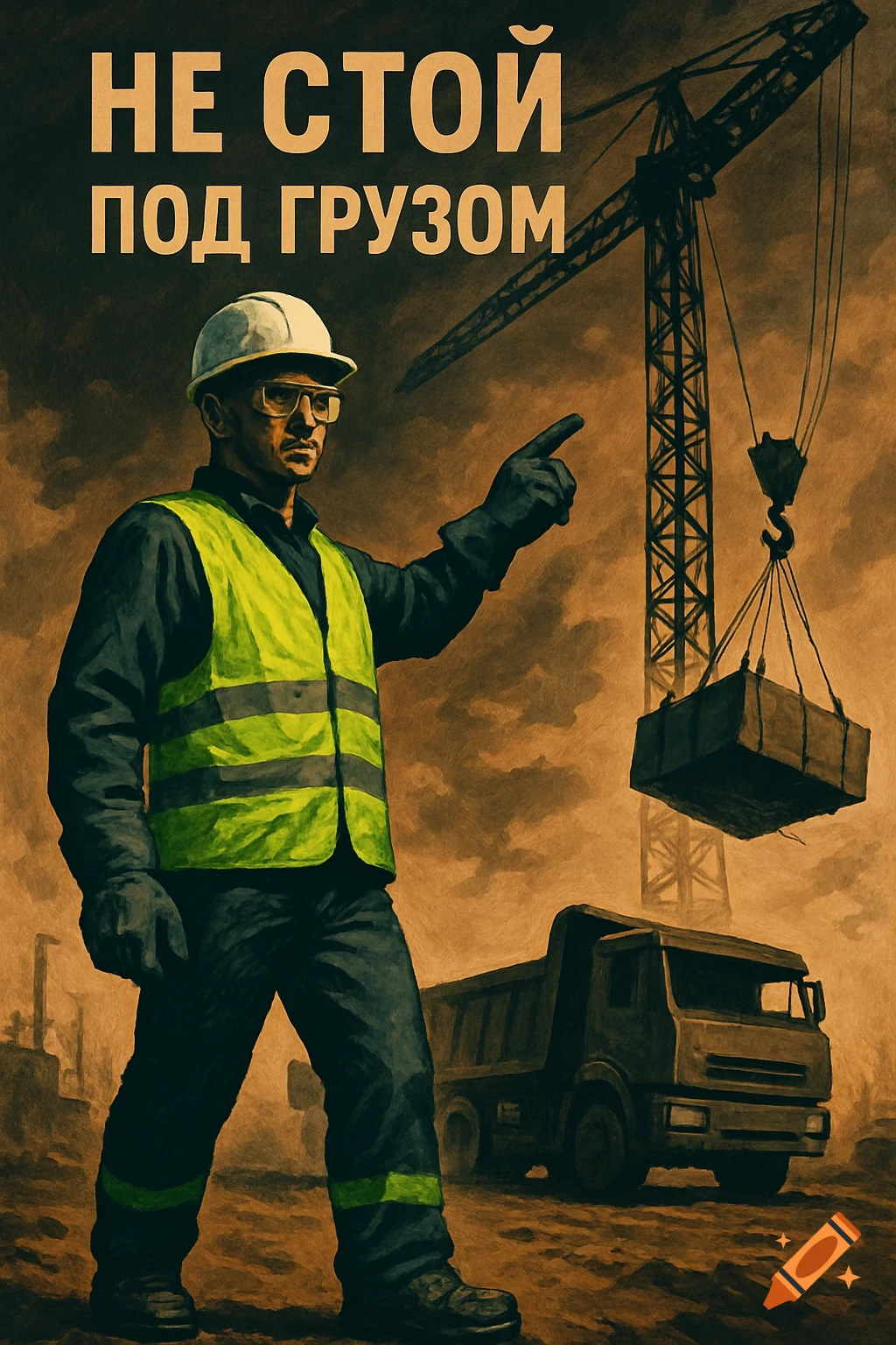 Painted poster of a construction worker pointing at a crane lifting a load over a truck, with Russian text 'Do not stand under load'.