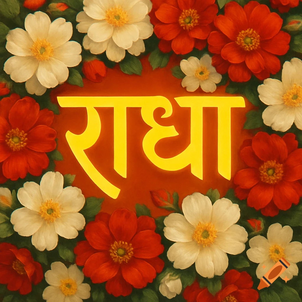 Yellow Hindi text 'Radha' at the center, surrounded by a lush border of red and white flowers with green leaves.