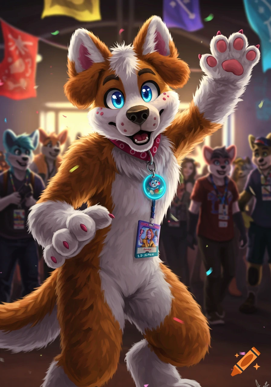 A happy, anthropomorphic dog character (fursuiter) with blue eyes waves at a furry convention with confetti falling.