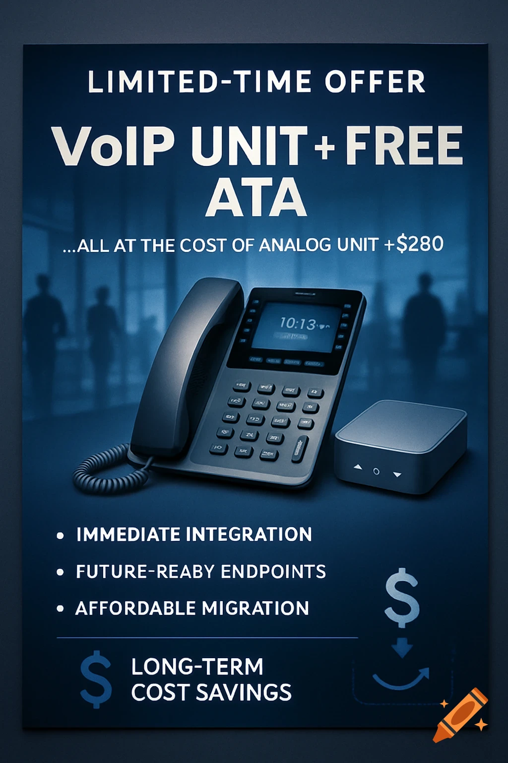 A dark blue promotional flyer for a VoIP unit and free ATA, featuring a desk phone and a small black box. Text highlights 'LIMITED-TIME OFFER' and cost savings.
