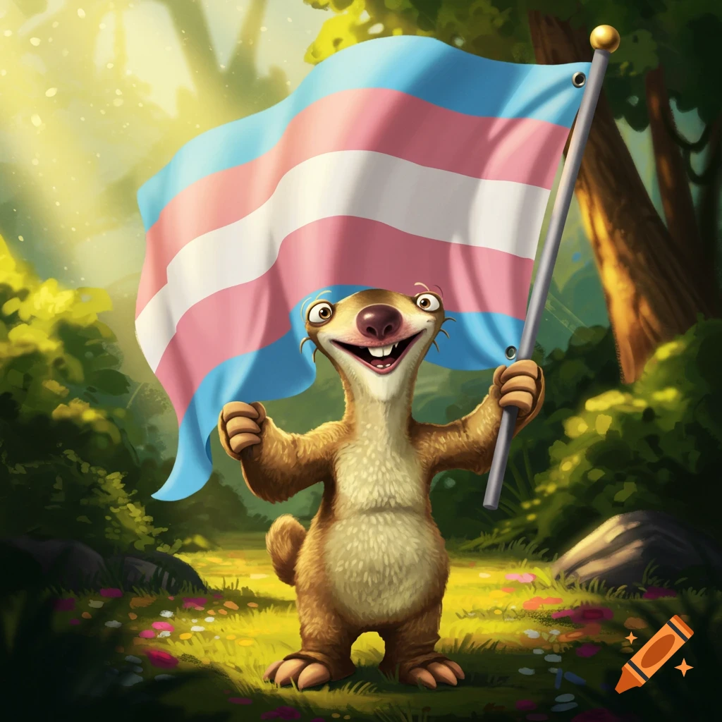 Sid the sloth from Ice Age happily holds a large transgender flag in a sunny, lush forest clearing.