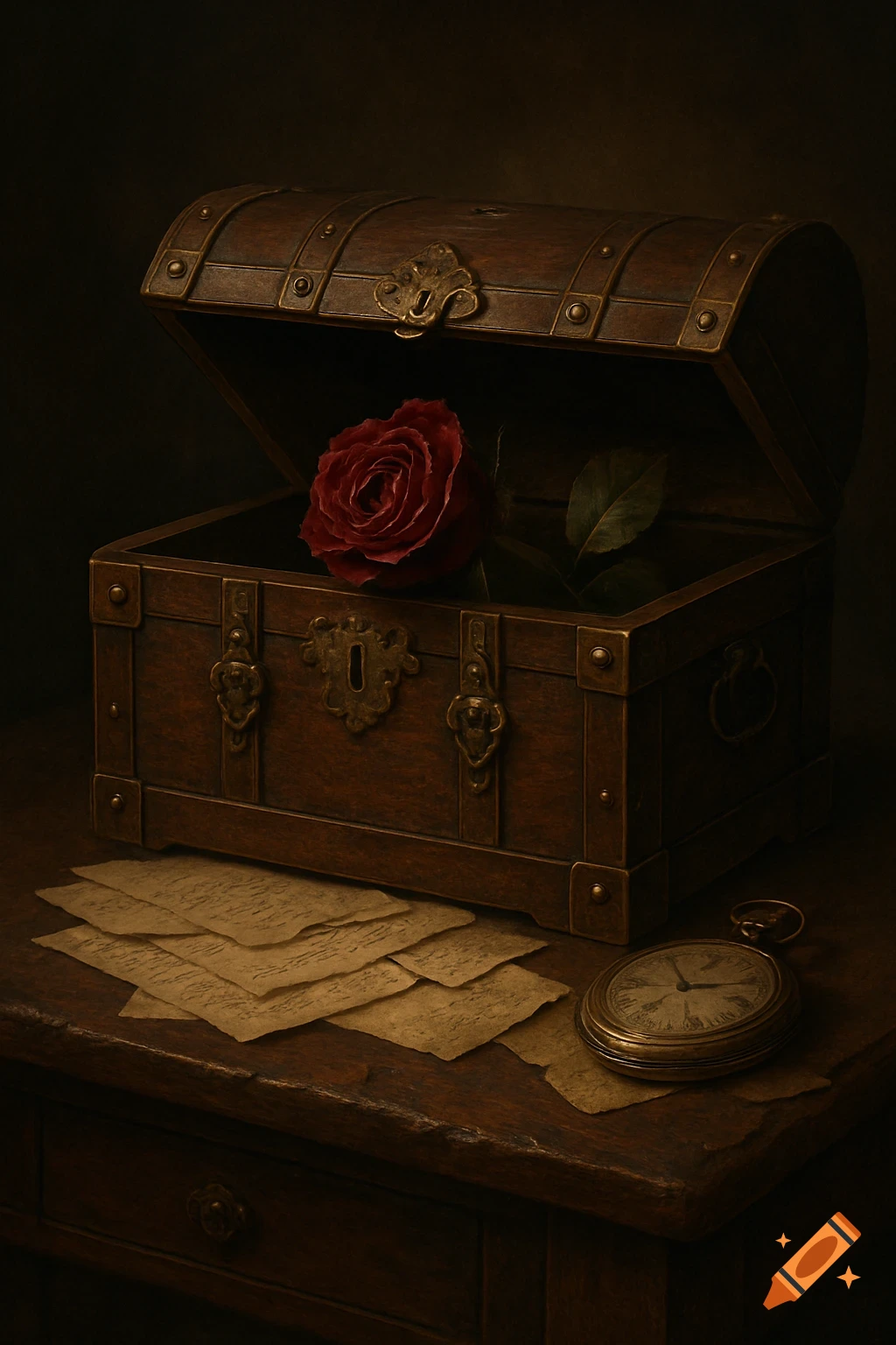 An antique wooden trunk, slightly open with a red rose inside, sits on a dark wooden table with old letters and a pocket watch.