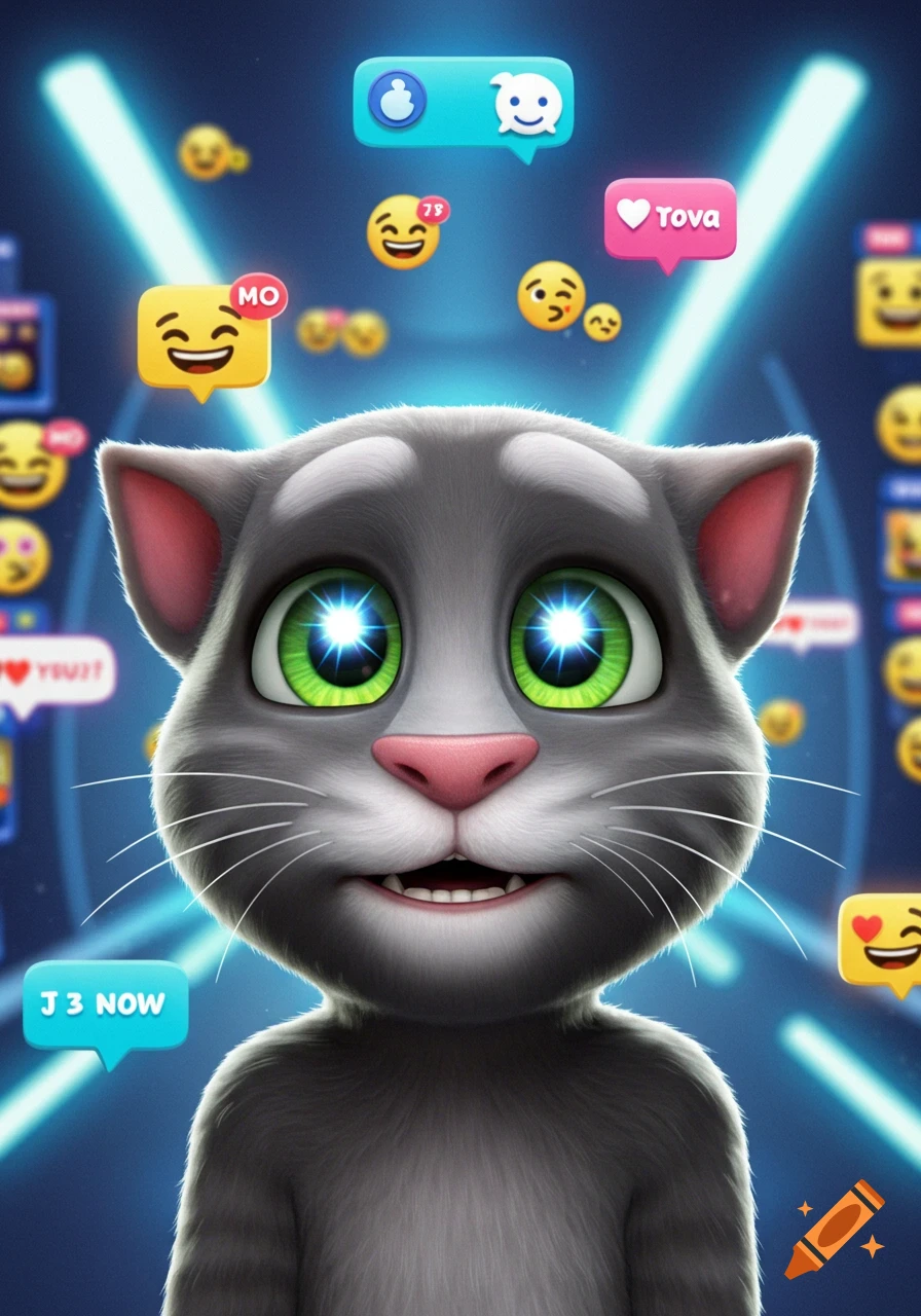 A smiling grey cartoon cat, like Talking Tom, with glowing green eyes, surrounded by emojis and chat bubbles on a blue digital background.