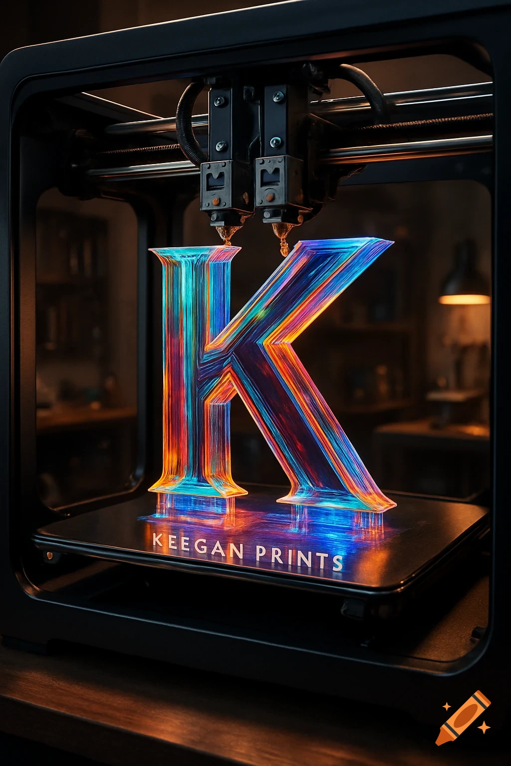 A 3D printer is in the process of creating a large, glowing, rainbow-colored letter K, with the text 'KEEGAN PRINTS' visible on the build plate in a dark workshop setting.