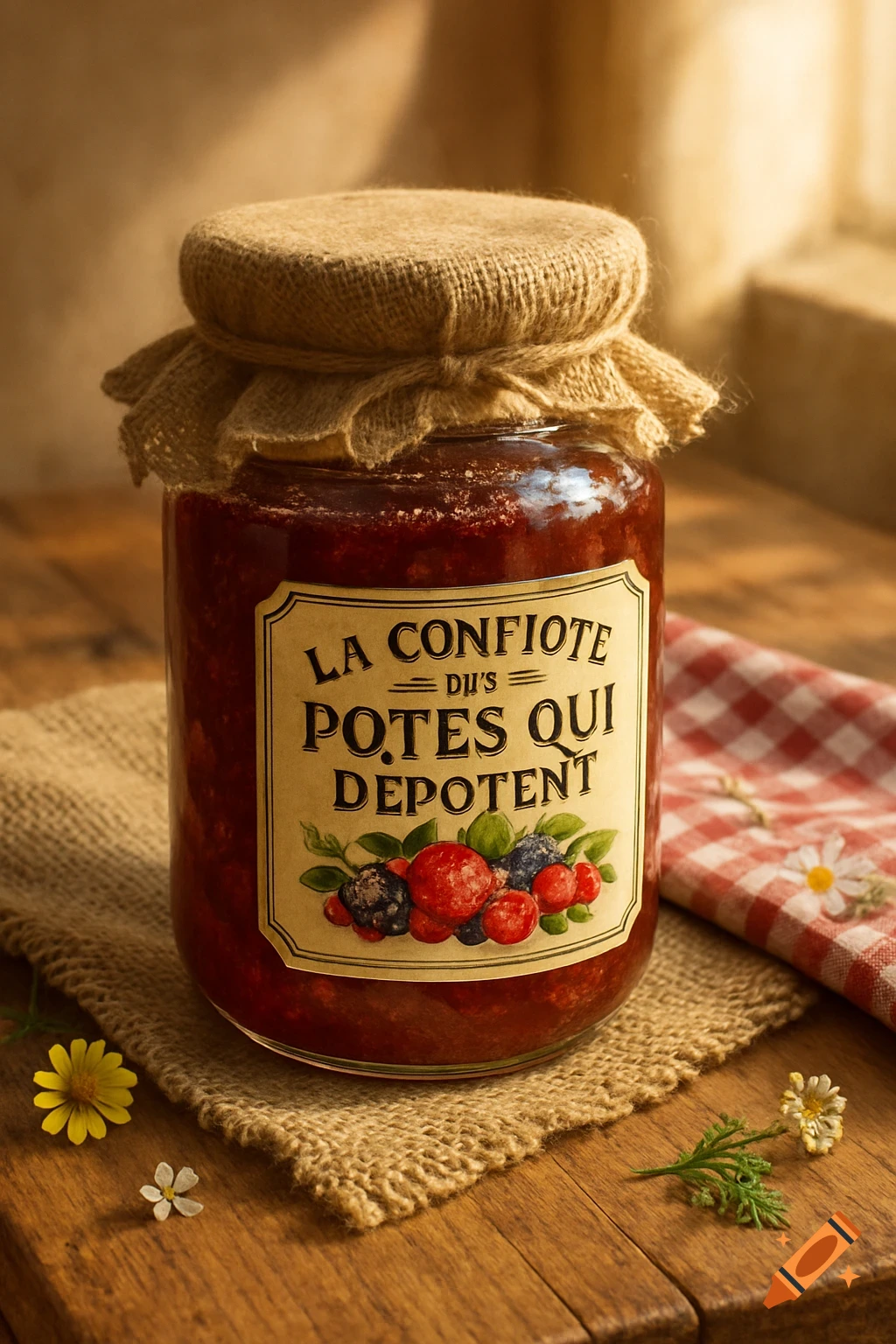 A jar of red berry jam with a burlap-covered lid on a wooden table next to a checkered napkin and small wildflowers.