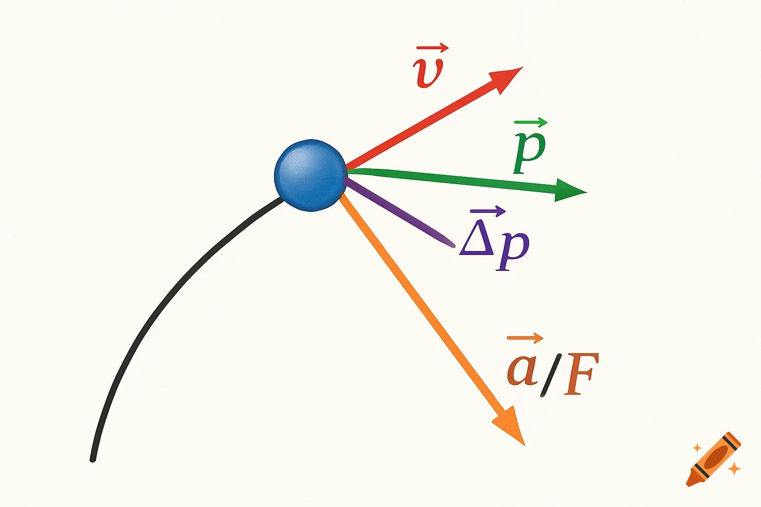 A physics diagram with a blue sphere moving on a curved black line. Red 'v' and green 'p' vectors point tangentially, a purple 'Delta p' vector points inward, and an orange 'a/F' vector points generally downward.