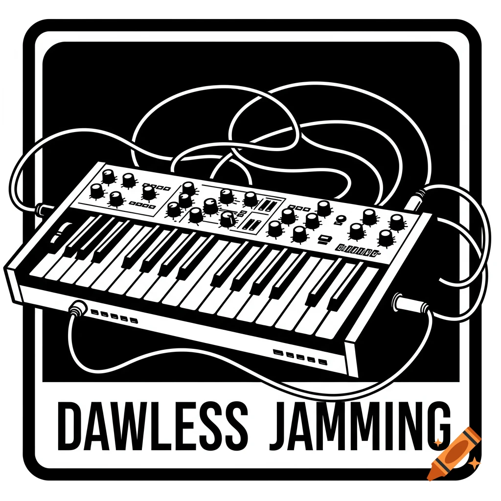 A black and white vector art icon of a synthesizer with many knobs and tangled cables, on a black background with a white border, with the text "DAWLESS JAMMING" at the bottom.