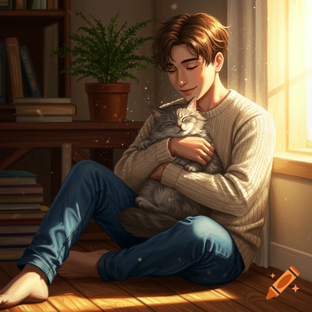 A smiling young man in a white sweater sits on a wooden floor, cuddling a gray cat by a sunny window.