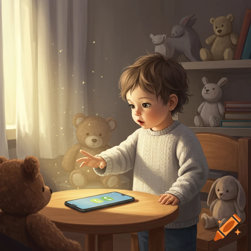 A child looks hesitantly at a smartphone on a table with call buttons in a room filled with stuffed animals. Children's illustration.