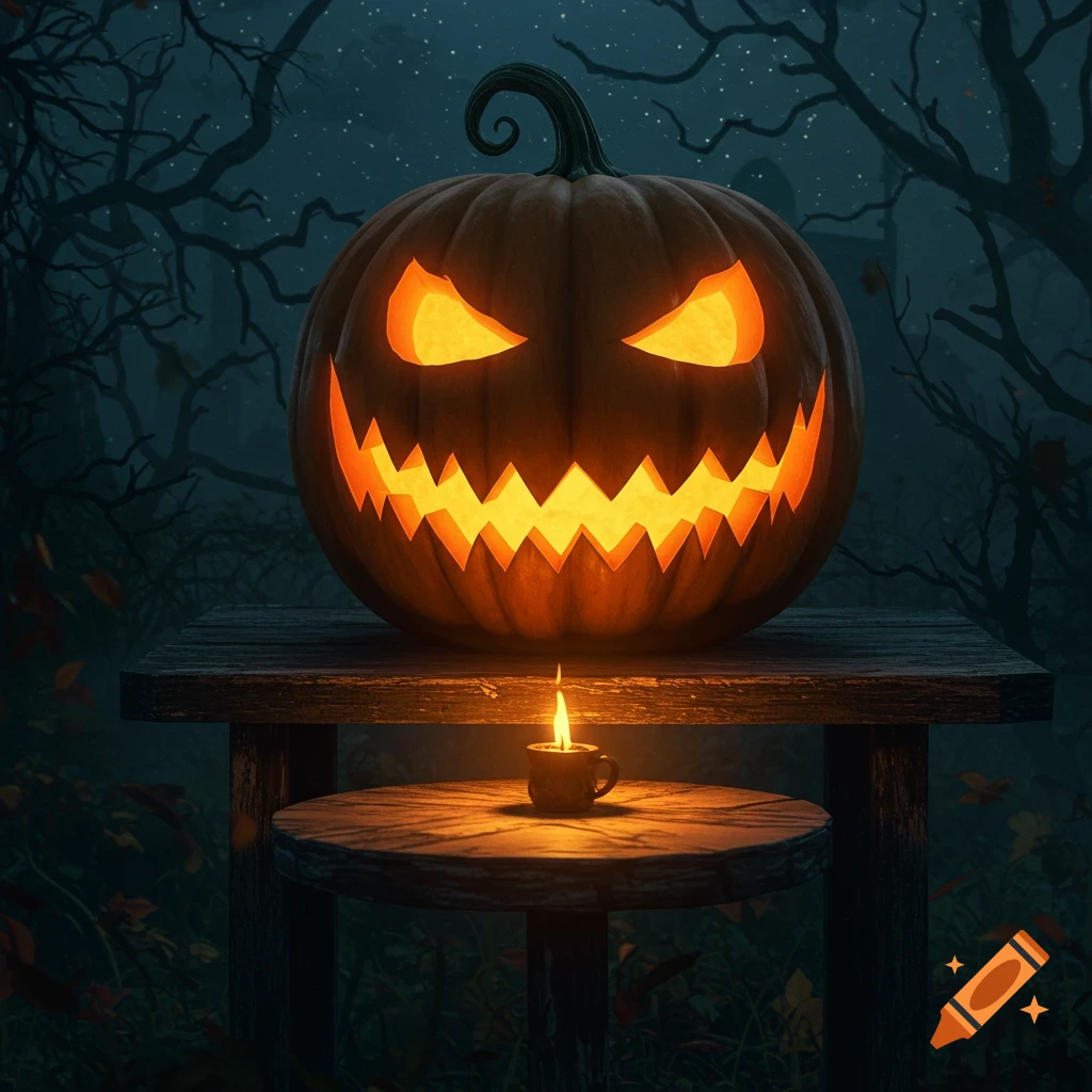 A glowing jack-o'-lantern with a scary, toothy face sits on a wooden table, illuminated by a small candle below it, against a dark, spooky night background with bare trees.