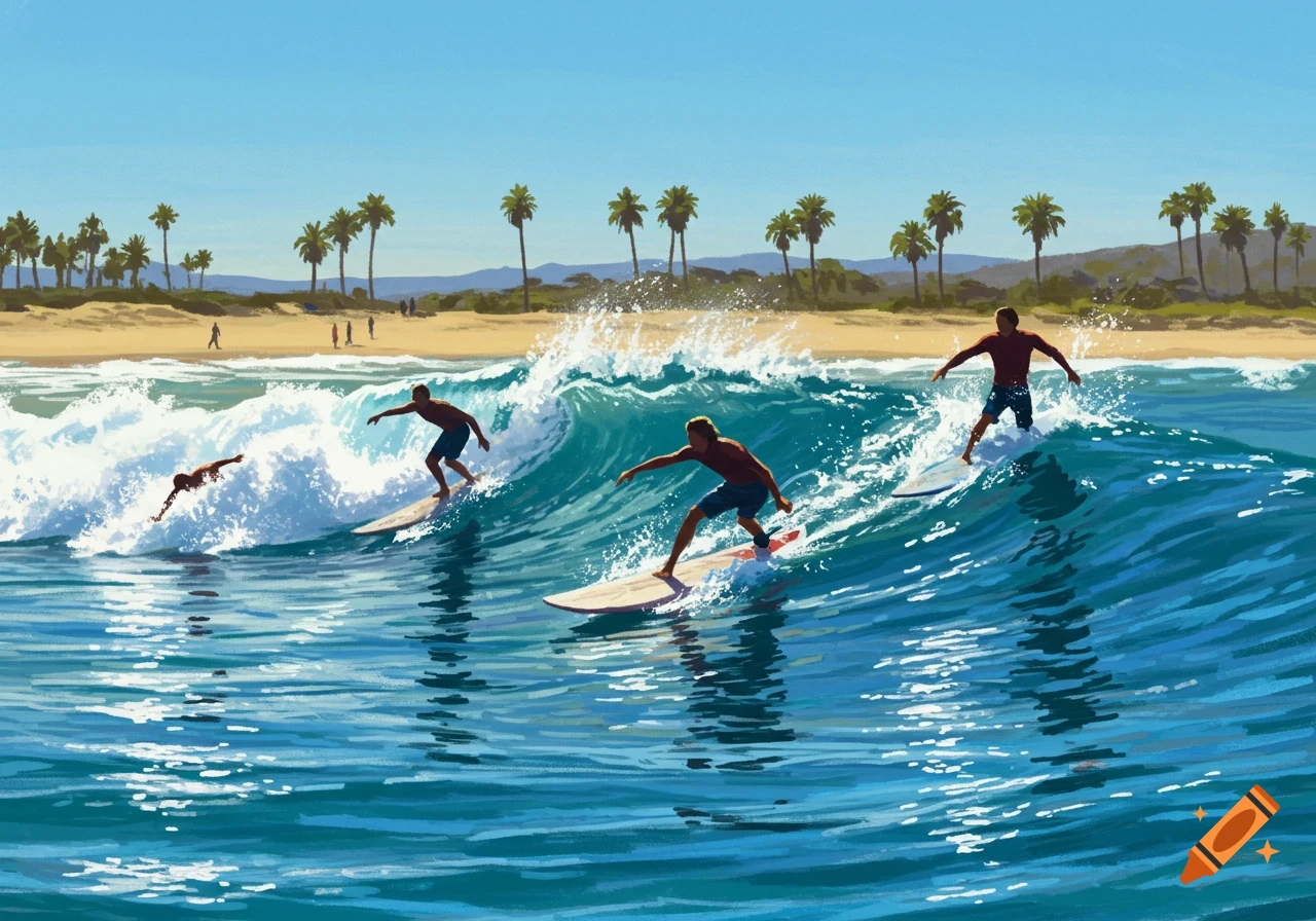 Surfers ride a large wave at a sunny beach with palm trees and a sandy shore, in a vibrant illustration.