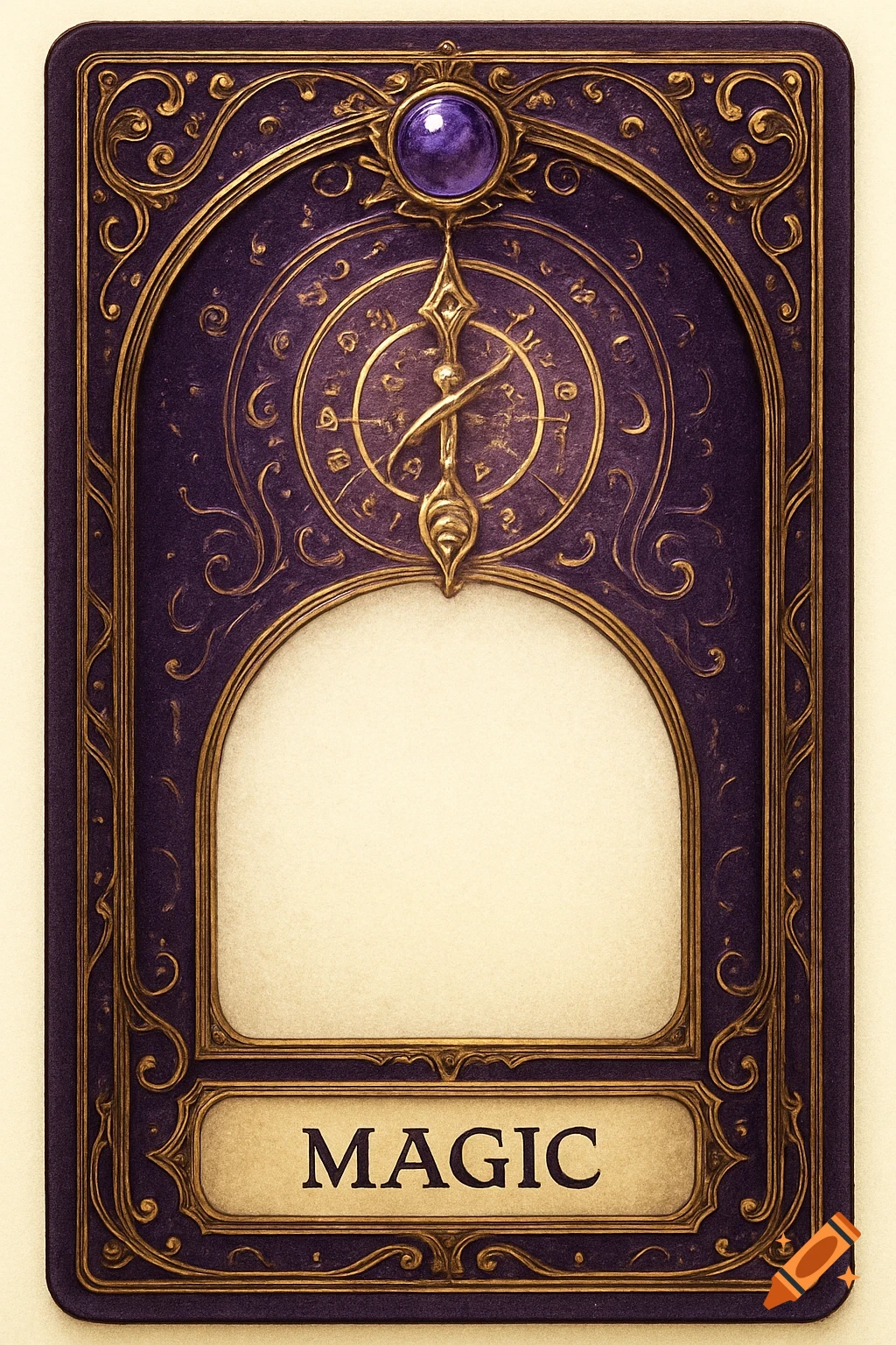 Ornate purple and gold fantasy RPG card template with a central empty arch and 'MAGIC' text.